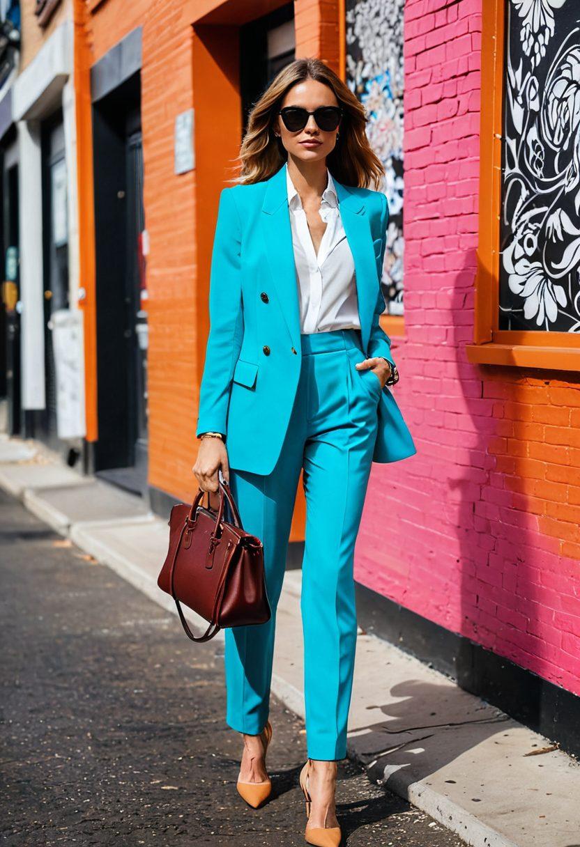 A stylish woman gracefully transitioning from a high-fashion runway to a casual street setting, showcasing elegant everyday outfits that blend sophistication with comfort. Include chic accessories and vibrant colors, surrounded by urban and natural elements that emphasize an effortless lifestyle. Capture the essence of contemporary elegance in a relatable atmosphere. super-realistic. vibrant colors. urban background.