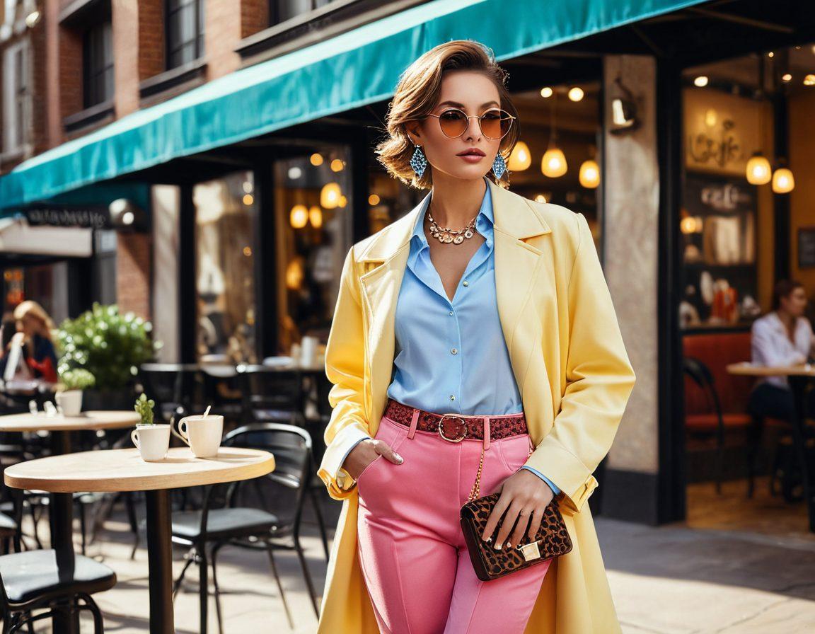 A chic fashionista standing confidently in a stylish urban setting, adorned in a mix of glamorous accessories and a trendy outfit. The background features a stylish café with people admiring her look, colorful decor, and chic street fashion elements. Soft sunlight highlights her confidence and elegance, creating an atmosphere of inspiration and aspiration. super-realistic. vibrant colors. urban background.