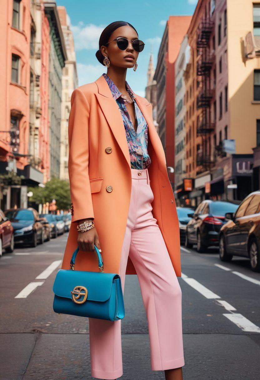 A stylish individual confidently showcasing a blend of the latest fashion trends, surrounded by elegant accessories and vibrant fabric swatches. The background features a chic urban setting with soft pastel hues to evoke glamour and sophistication. Include hints of luxury, such as designer logos and trendy footwear. The overall atmosphere should convey a sense of empowerment and elegance. super-realistic. vibrant colors. urban setting.